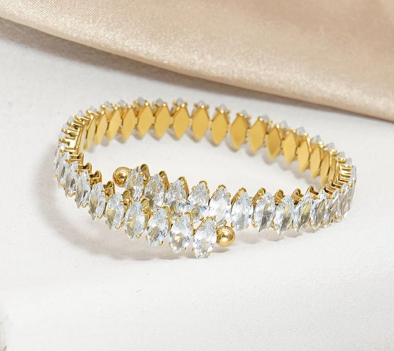 Wovanoo Rhinestone Cuff Bracelet Cubic Zirconia Tennis Bracelets Open Adjustable Bangle for Women Gold White - Image 3