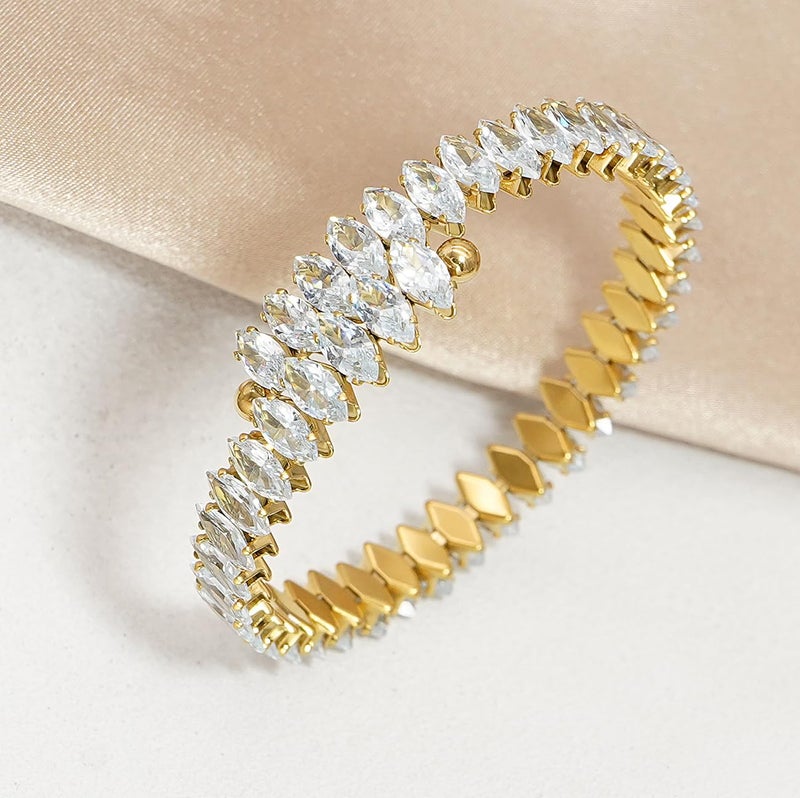 Wovanoo Rhinestone Cuff Bracelet Cubic Zirconia Tennis Bracelets Open Adjustable Bangle for Women Gold White - Image 4