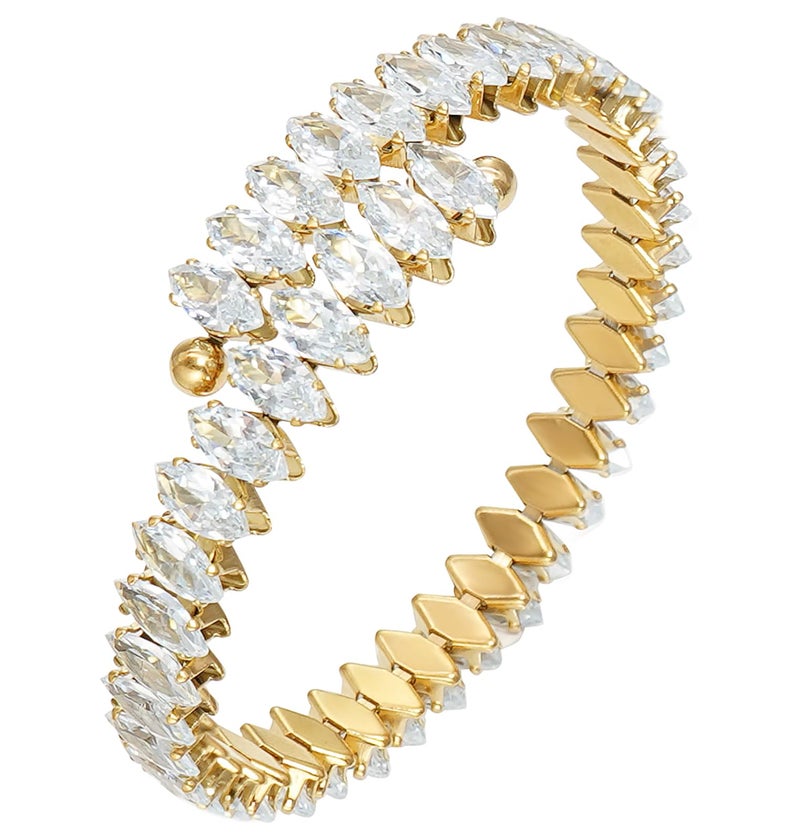 Wovanoo Rhinestone Cuff Bracelet Cubic Zirconia Tennis Bracelets Open Adjustable Bangle for Women Gold White - Image 1