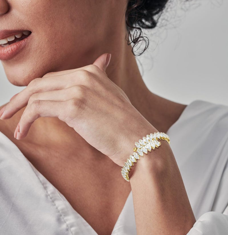 Wovanoo Rhinestone Cuff Bracelet Cubic Zirconia Tennis Bracelets Open Adjustable Bangle for Women Gold White - Image 2