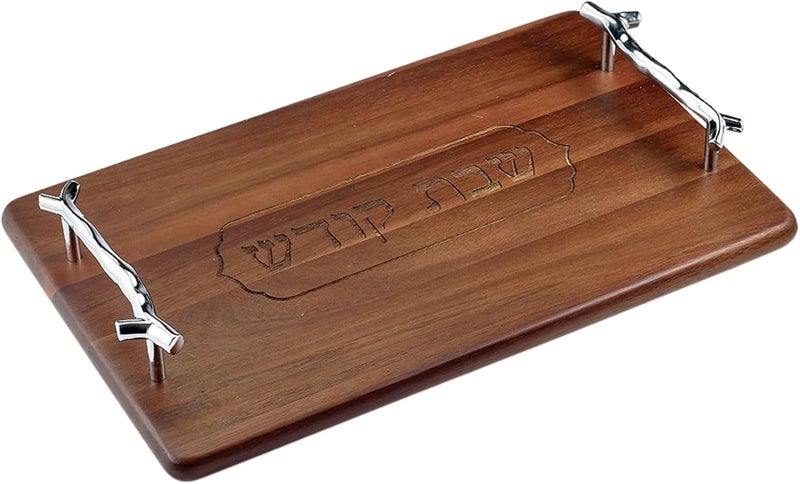 RITE LITE Acacia Wood Challah Serving Tray  16x10 Elegant Design with Silver Handles Perfect for Shabbat Holidays and Dinner Parties Includes Clear Storage Box - Image 1
