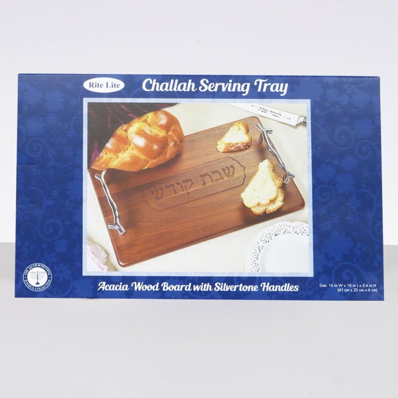 RITE LITE Acacia Wood Challah Serving Tray  16x10 Elegant Design with Silver Handles Perfect for Shabbat Holidays and Dinner Parties Includes Clear Storage Box - Image 3