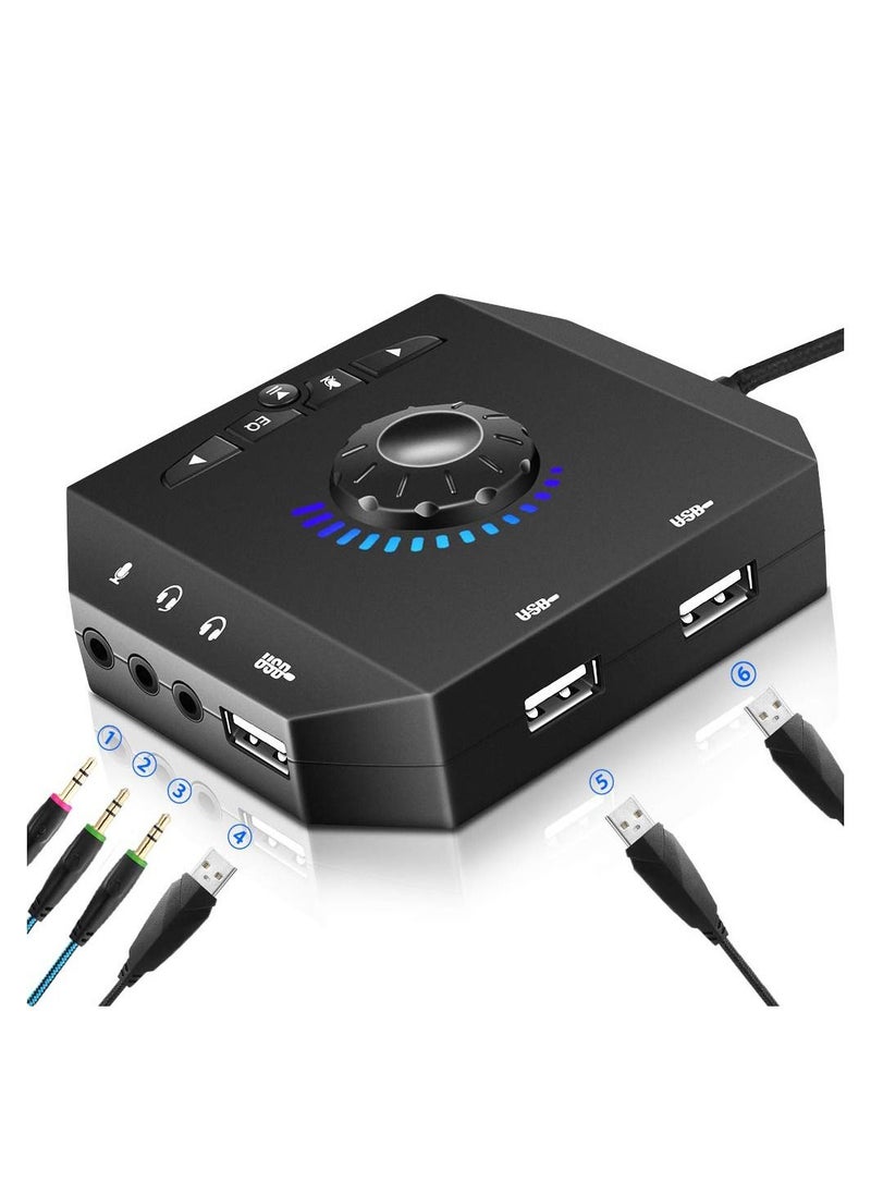SYOSI T10 External Sound Card, USB Hubs, Audio Adapter, External Stereo Sound Card, 3.5mm Headphone Microphone Jack, Volume Control, Plug & Play (6-in-1) USB Audio Adapter for PC Windows, Mac, Laptops  - Image 1