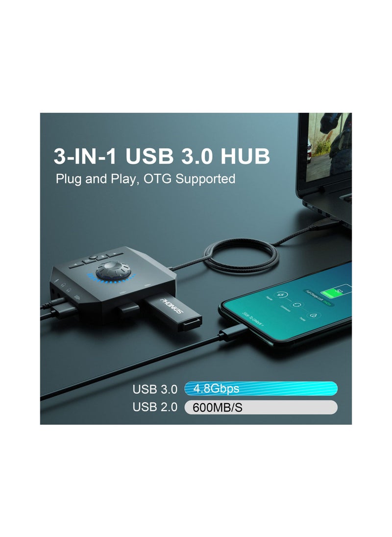 SYOSI T10 External Sound Card, USB Hubs, Audio Adapter, External Stereo Sound Card, 3.5mm Headphone Microphone Jack, Volume Control, Plug & Play (6-in-1) USB Audio Adapter for PC Windows, Mac, Laptops  - Image 3