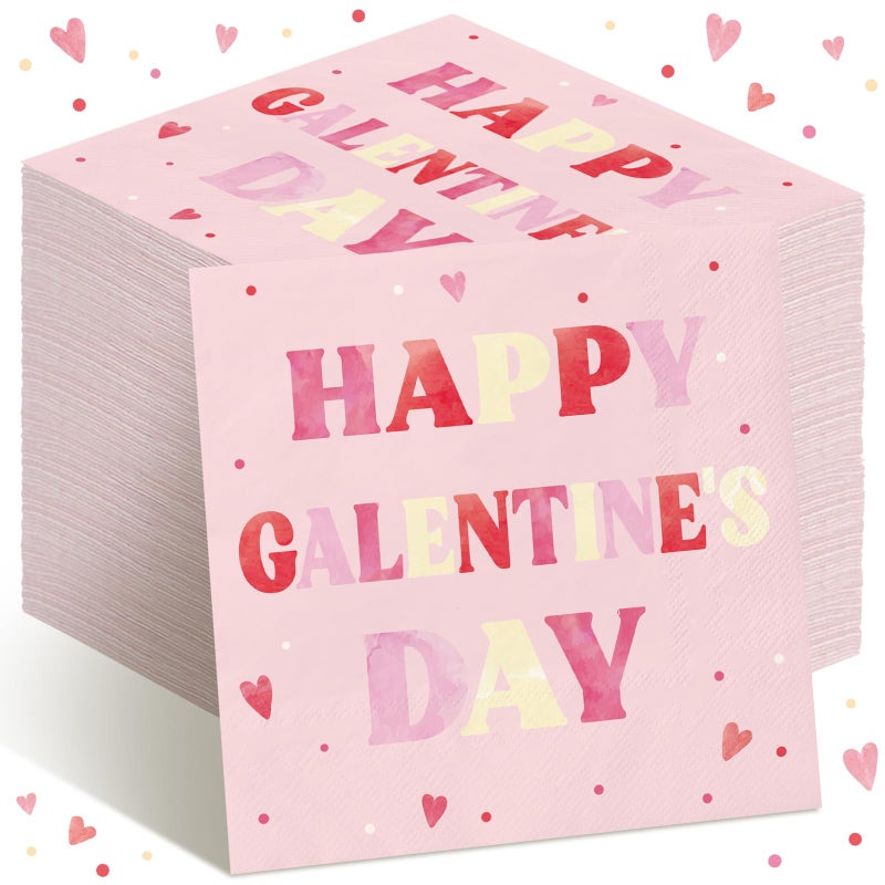 Fanfanwin 100 Pack Happy Galentine's Day Napkins Disposable Folded Napkins 10 x 10 Inches Valentine's Day Party Decorations Pink Paper Towel Bathroom Disposable Towel for Valentine Engagement Wedding Gift  - Image 1