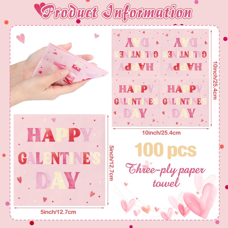 Fanfanwin 100 Pack Happy Galentine's Day Napkins Disposable Folded Napkins 10 x 10 Inches Valentine's Day Party Decorations Pink Paper Towel Bathroom Disposable Towel for Valentine Engagement Wedding Gift  - Image 2