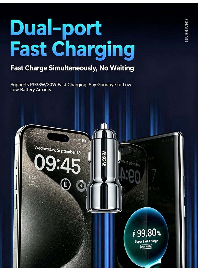 WEKOME 63W USB-C & USB-A Dual Port Fast Car Charger, Zinc Alloy Body Multi-Protection Universal Car Power Adapter - Image 5
