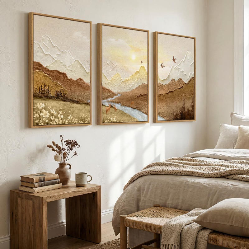 Cuspin Framed Abstract Mountain Landscape Wall Art for Living Room, 3 Piece Brown Neutral Sunset Scenic Print Canvas Artwork for Walls, Large River Deer Bird Nature Wall Decor for Bedroom Office, 24x36 Inch - Image 2