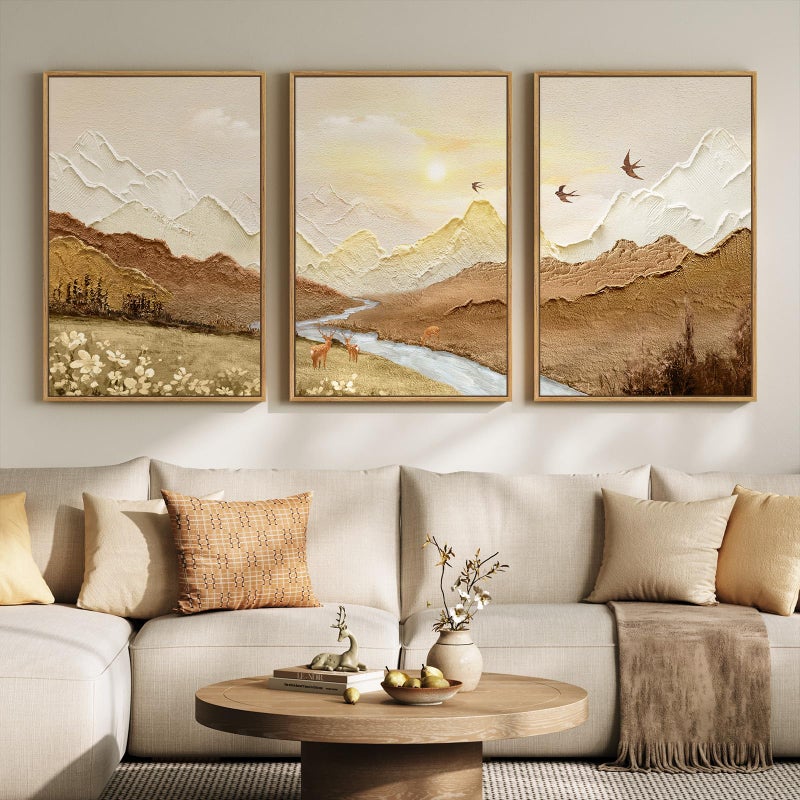 Cuspin Framed Abstract Mountain Landscape Wall Art for Living Room, 3 Piece Brown Neutral Sunset Scenic Print Canvas Artwork for Walls, Large River Deer Bird Nature Wall Decor for Bedroom Office, 24x36 Inch - Image 1
