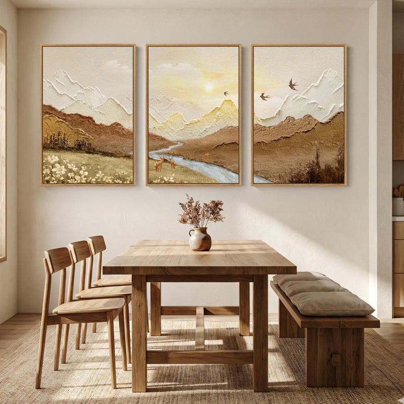 Cuspin Framed Abstract Mountain Landscape Wall Art for Living Room, 3 Piece Brown Neutral Sunset Scenic Print Canvas Artwork for Walls, Large River Deer Bird Nature Wall Decor for Bedroom Office, 24x36 Inch - Image 4