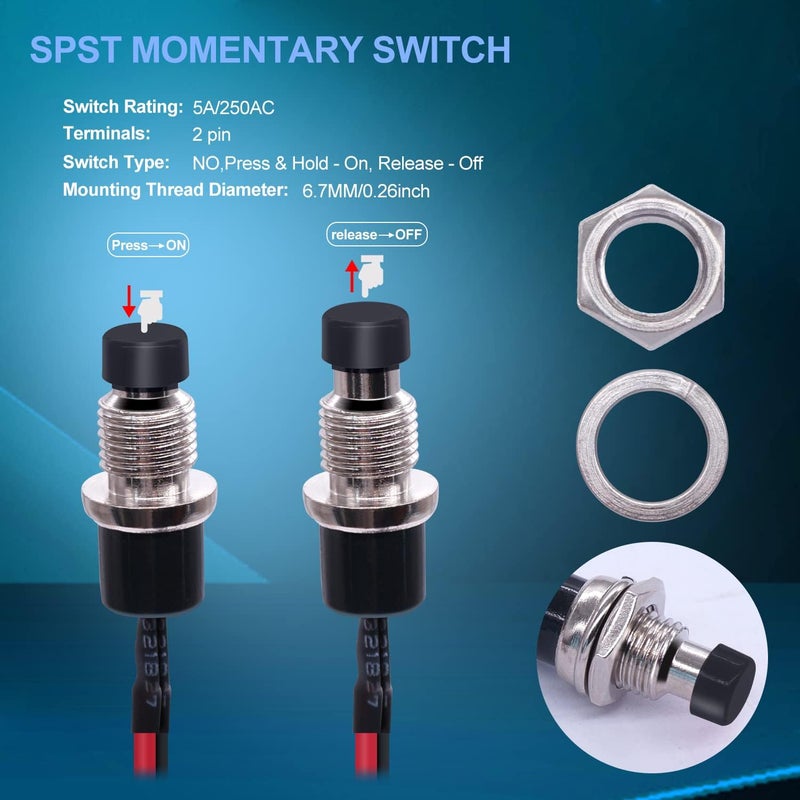 Twidec /10PCS 3V-6V-12V-24V-250V Momentary Push Button Switch 2 Pins ON/Off SPST 7mm Black Normal Open 1A Mini Round Button Switch with Pre-soldered Wires PBS-110-XBK - Image 5