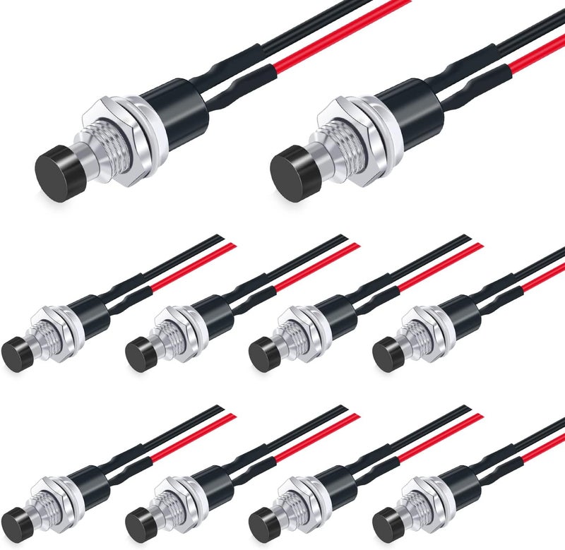 Twidec /10PCS 3V-6V-12V-24V-250V Momentary Push Button Switch 2 Pins ON/Off SPST 7mm Black Normal Open 1A Mini Round Button Switch with Pre-soldered Wires PBS-110-XBK - Image 1