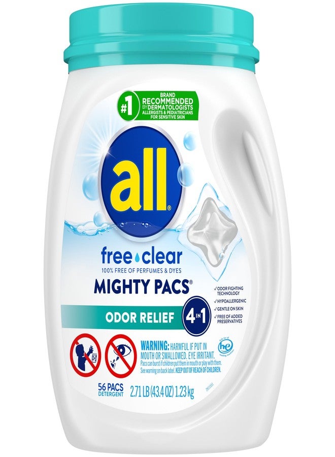 All Mighty Pacs Laundry Detergent Free Clear Odor Relief, Tub, 56 Count - Image 1
