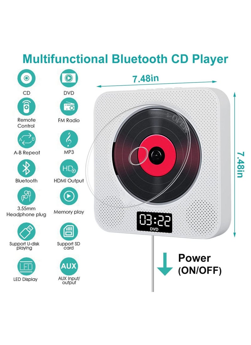 Generic - Portable Bluetooth CD Player,Wall Mountable CD/DVD Player for Home with Remote Control Dust Cover LCD Display Built-in HiFi Speakers FM Radio,Support CD/DVD/MP3/USB/AUX Input Output (White) - Image 1