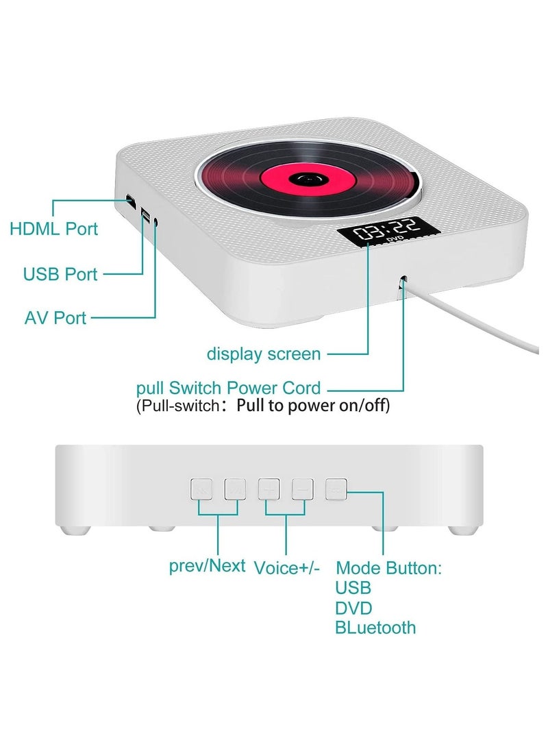 Generic - Portable Bluetooth CD Player,Wall Mountable CD/DVD Player for Home with Remote Control Dust Cover LCD Display Built-in HiFi Speakers FM Radio,Support CD/DVD/MP3/USB/AUX Input Output (White) - Image 1