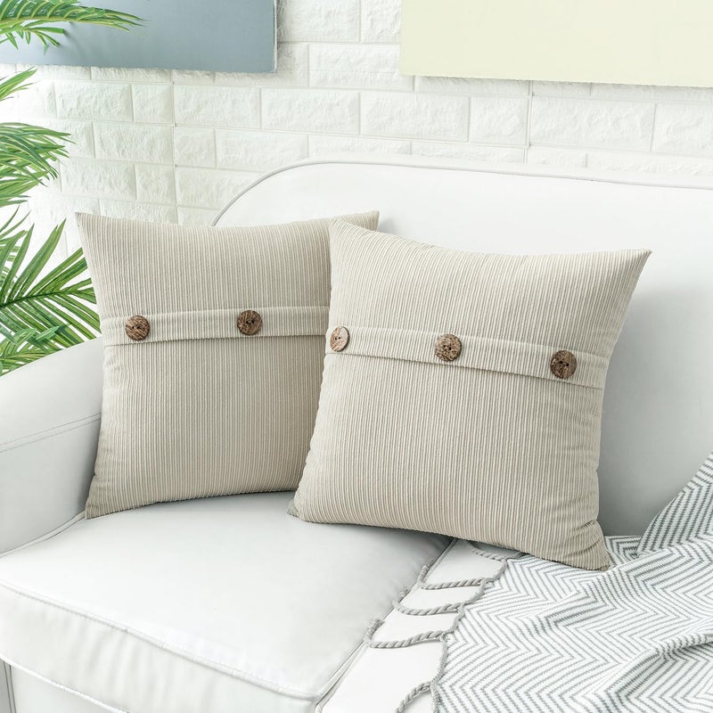HWY 50 Cream White Chenille Throw Pillow Covers 18x18 Inch with Triple Buttons, Soft Farmhouse Accent Decorative Cushion Cases for Couch Sofa Bed Living Room Bedroom Pack of 2 - Image 2