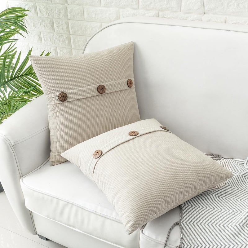HWY 50 Cream White Chenille Throw Pillow Covers 18x18 Inch with Triple Buttons, Soft Farmhouse Accent Decorative Cushion Cases for Couch Sofa Bed Living Room Bedroom Pack of 2 - Image 3