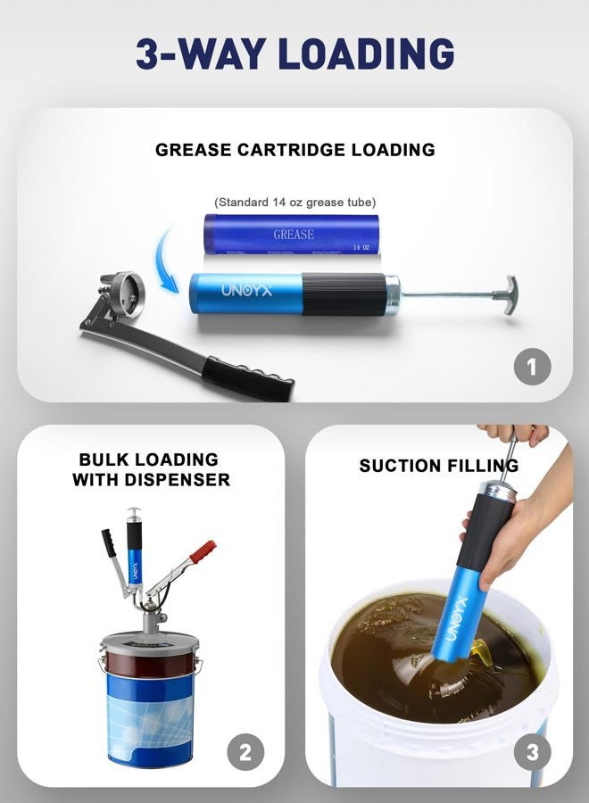 UNOYX Grease Gun, 8000 PSI Heavy Duty Grease Gun, Ultra-Light Aluminum Grease Gun with Hose, Standard Coupler and Needle Nose Adapter, 14oz Load for Car Trucks Tractors Marine Bearings - Image 3