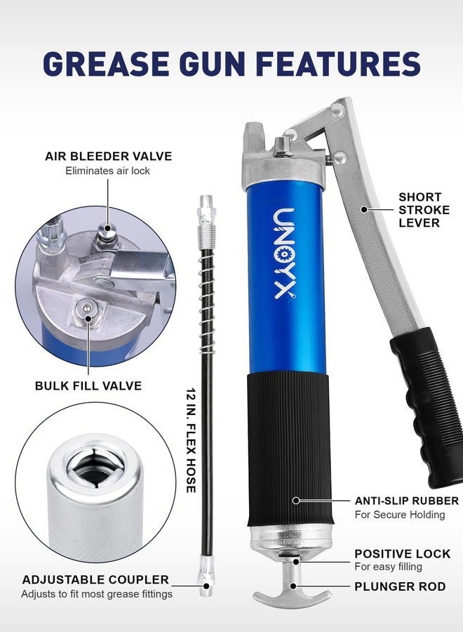 UNOYX Grease Gun, 8000 PSI Heavy Duty Grease Gun, Ultra-Light Aluminum Grease Gun with Hose, Standard Coupler and Needle Nose Adapter, 14oz Load for Car Trucks Tractors Marine Bearings - Image 2