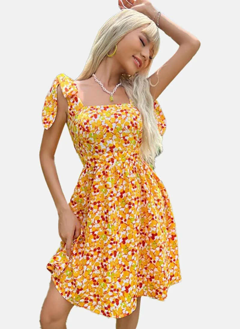 يونيكي Yellow Flared Floral Tie-up Sleeveless Dress