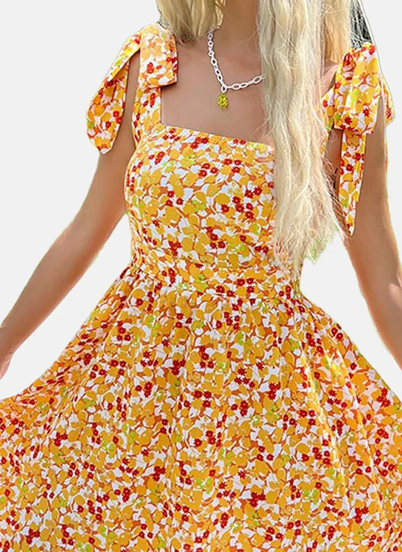 يونيكي Yellow Flared Floral Tie-up Sleeveless Dress