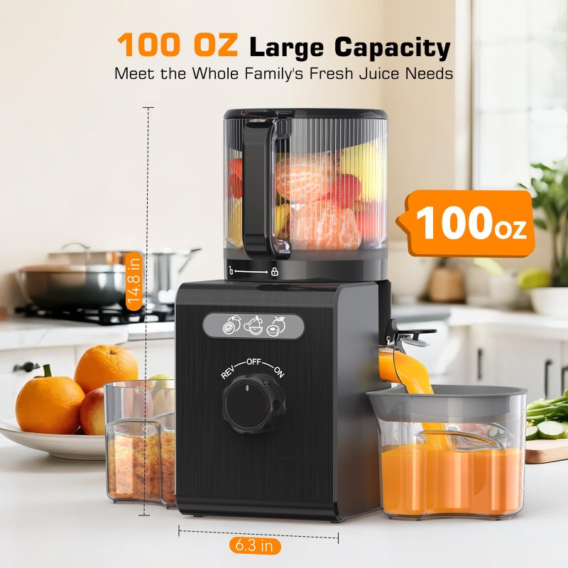 SMALLHOO Cold Press Juicer Machines with 6.5" Large Feed Chute, Juicer for Whole Vegetables & Fruits, High Juice Yield (Black) - Image 3