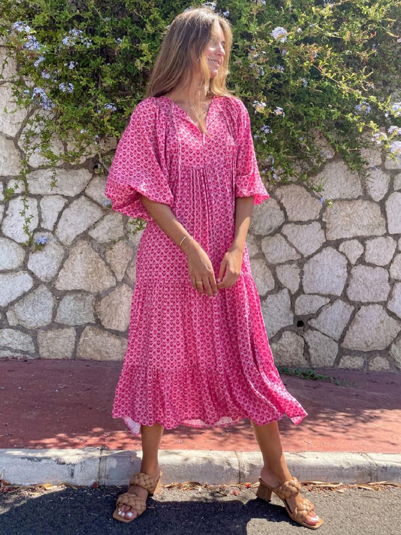 miduo Womens Dresses Beach Loose Autumn V Neck Short Half Sleeve Floral Pattern Bohemian Long Maxi Flowy Ankle Dresses XL - Image 4
