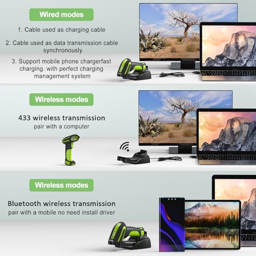 Symcode Bluetooth 2D QR Barcode Scanner with Charging Stand,Industrial Dustproof and Waterproof 3 in 1 Compatible with Bluetooth & 2.4GHz Wireless & Wired Connection with Vibration Alert Green - Image 3