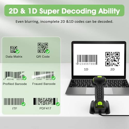 Symcode Bluetooth 2D QR Barcode Scanner with Charging Stand,Industrial Dustproof and Waterproof 3 in 1 Compatible with Bluetooth & 2.4GHz Wireless & Wired Connection with Vibration Alert Green - Image 2