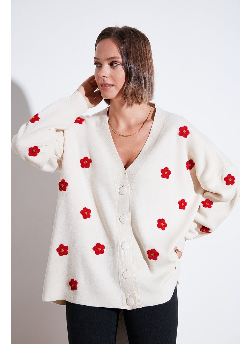 Lela Oversize Fit Floral Buttoned V Neck Soft Acrylic Women's Cardigan 4616192  - Image 2