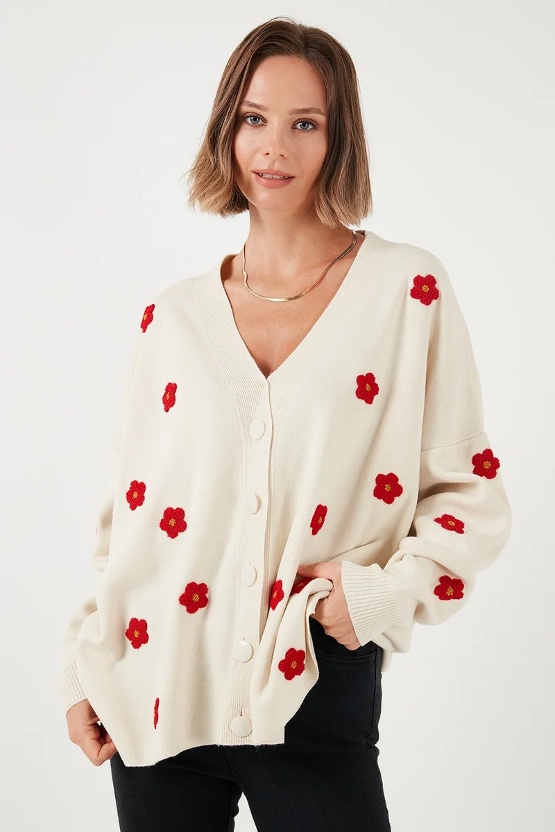 Lela Oversize Fit Floral Buttoned V Neck Soft Acrylic Women's Cardigan 4616192