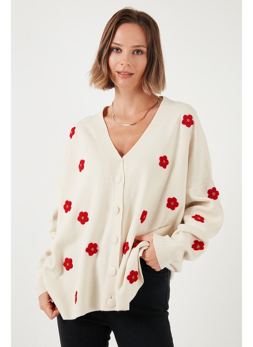 Lela Oversize Fit Floral Buttoned V Neck Soft Acrylic Women's Cardigan 4616192  - Image 3