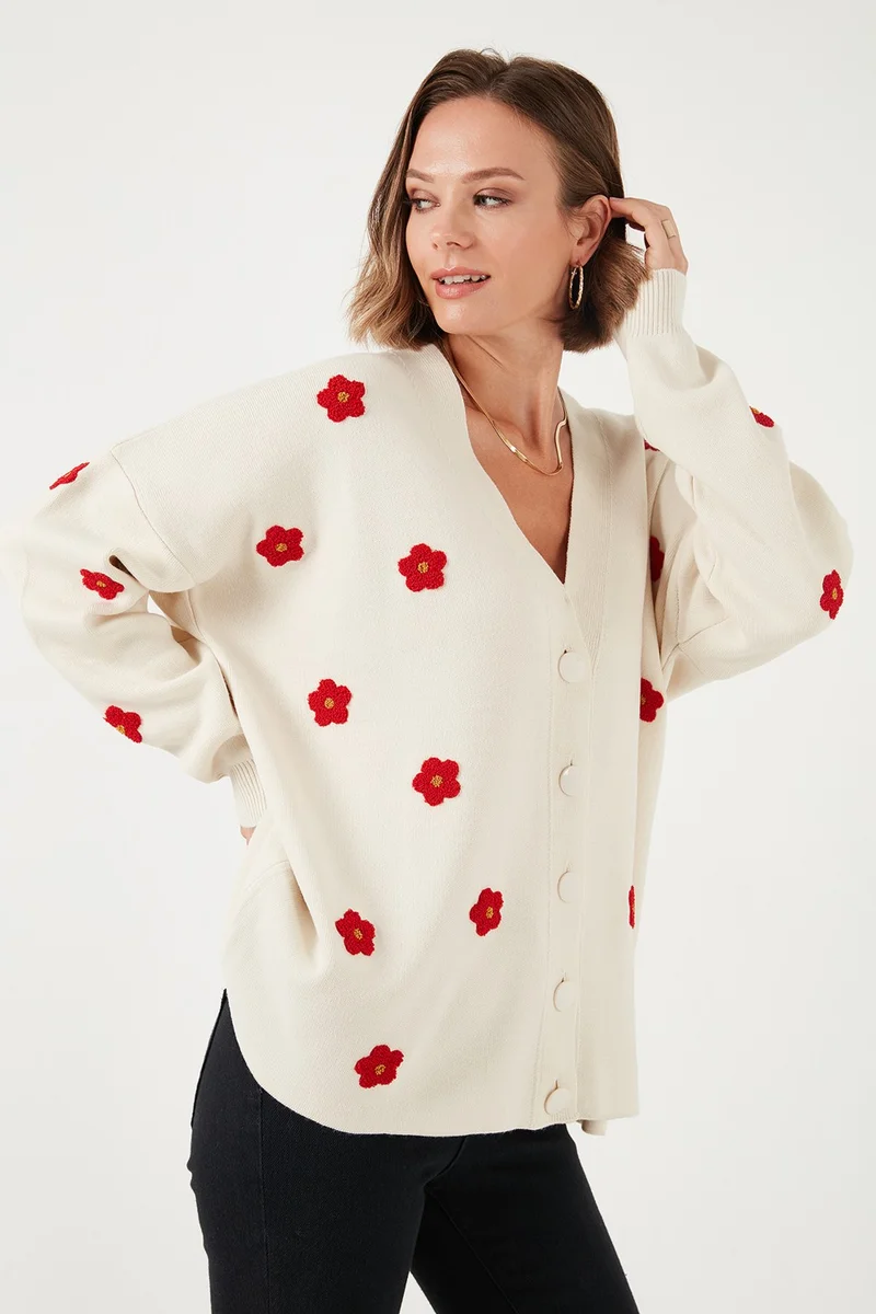 Lela Oversize Fit Floral Buttoned V Neck Soft Acrylic Women's Cardigan 4616192