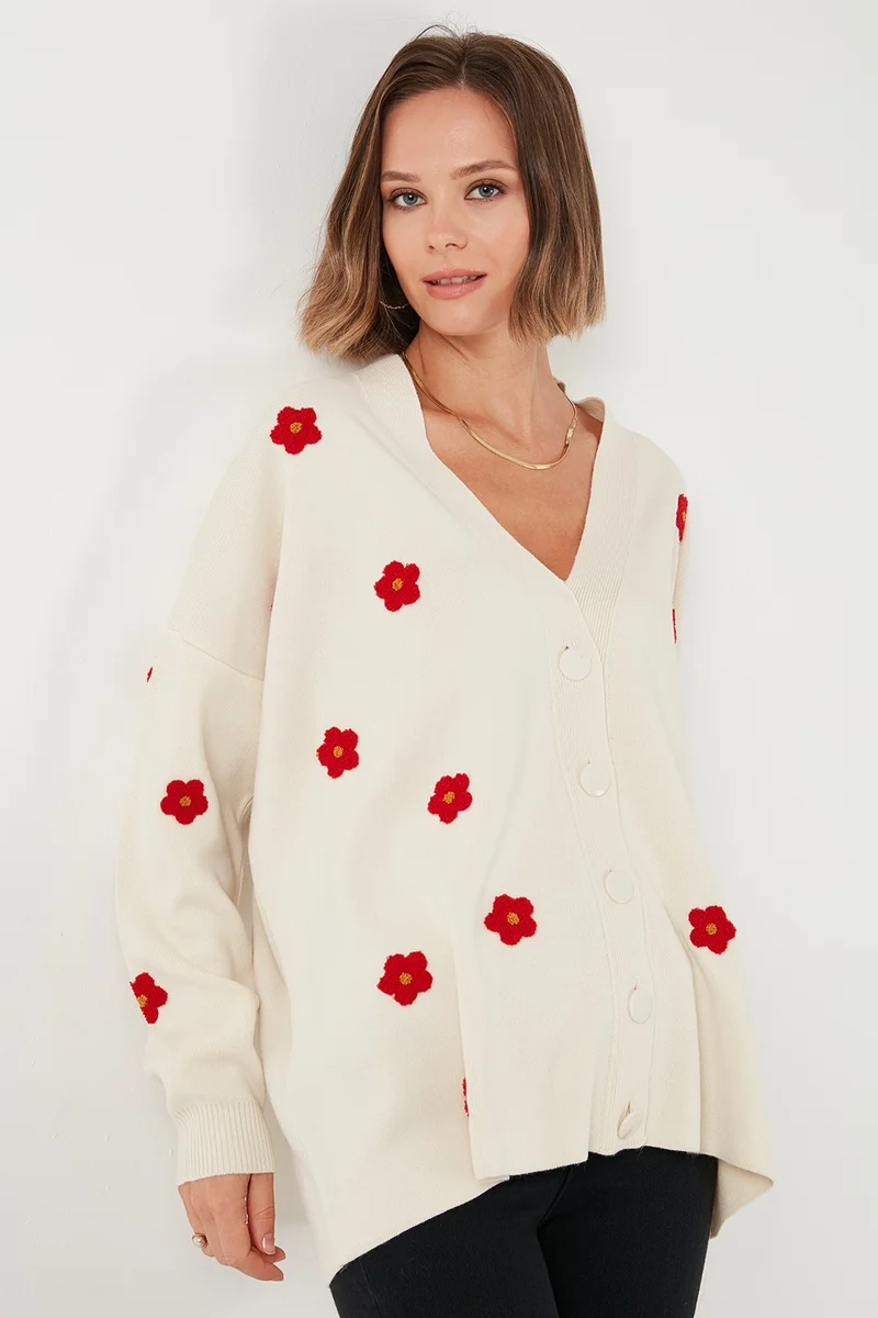 Lela Oversize Fit Floral Buttoned V Neck Soft Acrylic Women's Cardigan 4616192