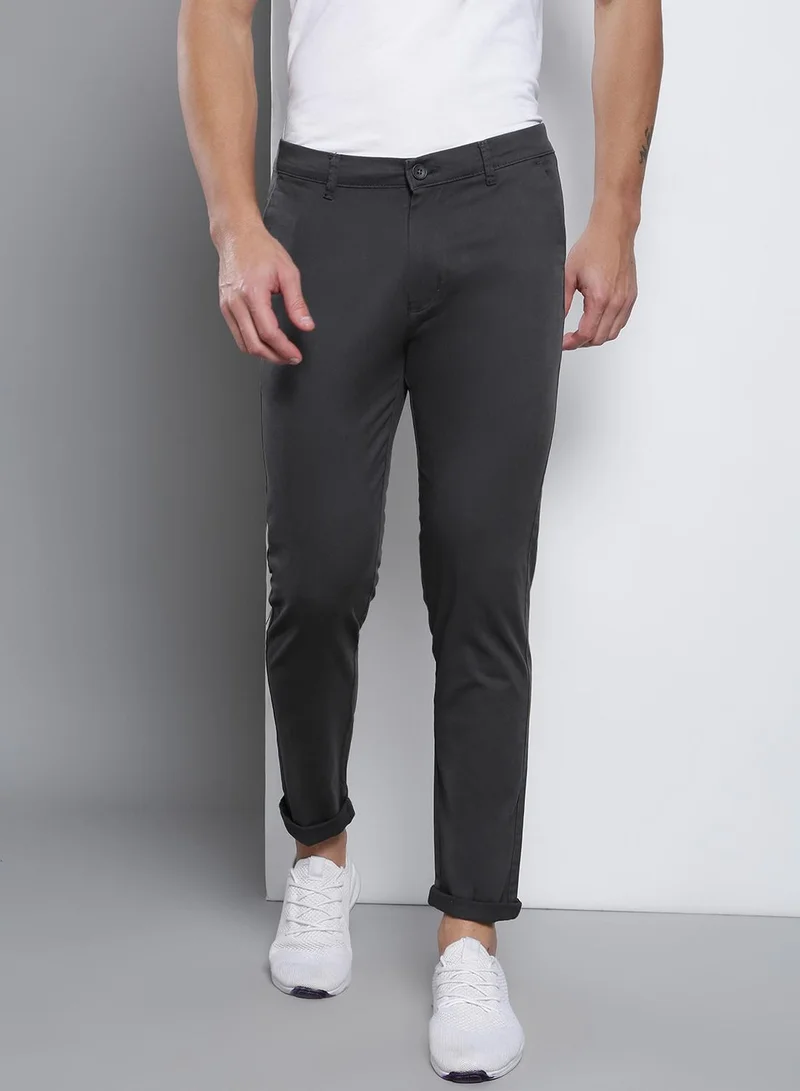 Dennis Lingo grey Men's Tapered Fit Charcoal Grey Cotton Chinos - Mid-Rise, Full Length, Button & Zip Closure for Men | Best Price UAE