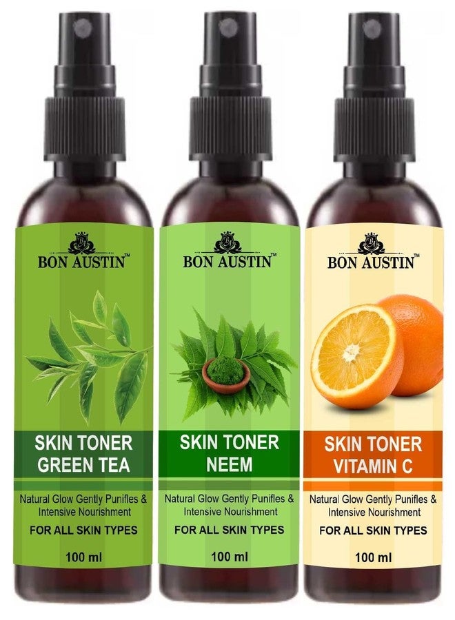 Bon Austin Green Tea, Neem & Vitamin C Hydrating Face Toner For Glowing Skin | Pure & Natural Face Toner For Men & Women Pack of 3 of 100 ML(300 ML) - Image 1