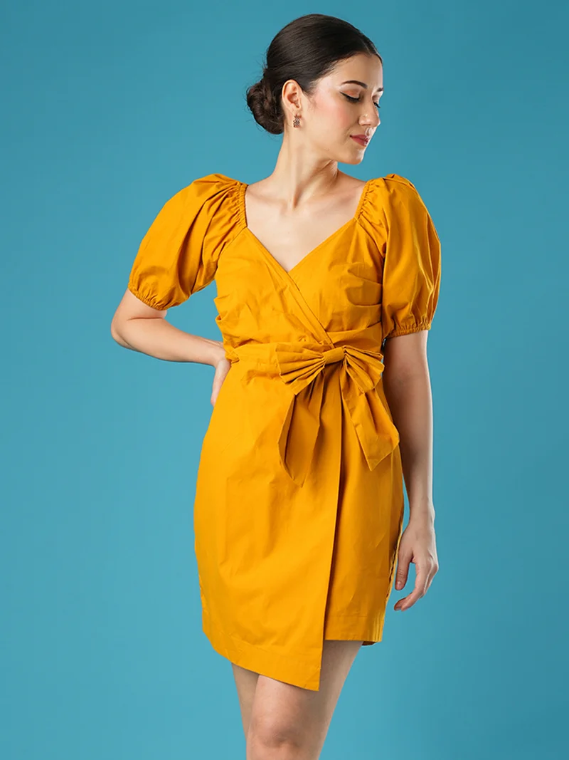 globus Women Puff Sleeve Wrap Dress