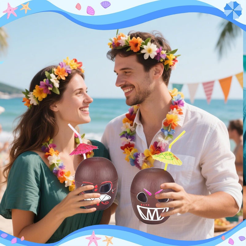 Haundry 12 Pack Coconut Cups with Straws Cocktail Picks and 12 Stickers, DIY Hawaiian Cups Tropical Luau Tiki and Beach Party Decoration - Image 4
