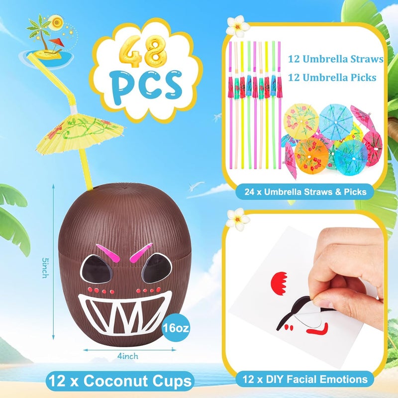 Haundry 12 Pack Coconut Cups with Straws Cocktail Picks and 12 Stickers, DIY Hawaiian Cups Tropical Luau Tiki and Beach Party Decoration - Image 2