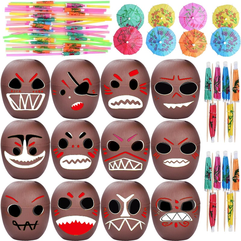 Haundry 12 Pack Coconut Cups with Straws Cocktail Picks and 12 Stickers, DIY Hawaiian Cups Tropical Luau Tiki and Beach Party Decoration - Image 1