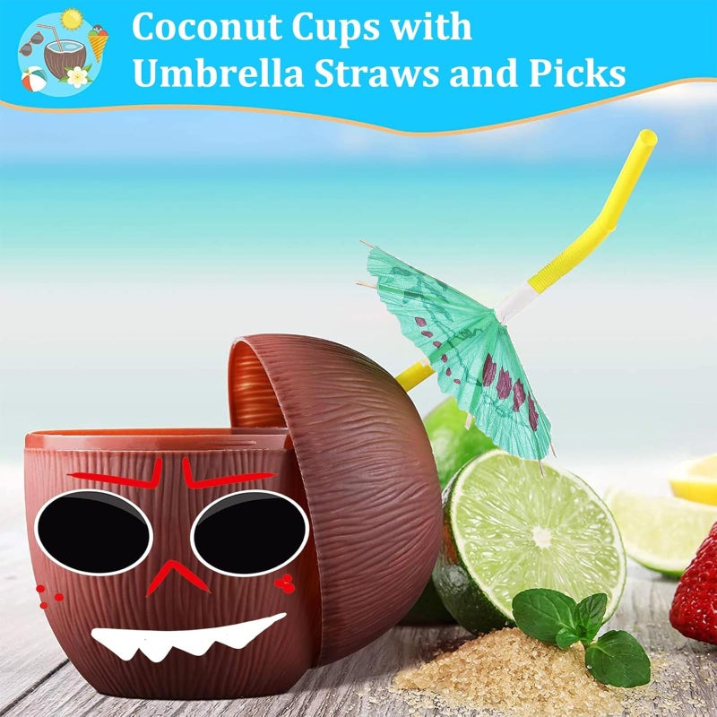 Haundry 12 Pack Coconut Cups with Straws Cocktail Picks and 12 Stickers, DIY Hawaiian Cups Tropical Luau Tiki and Beach Party Decoration - Image 3