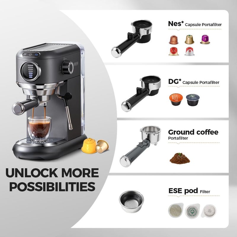 Cafelffe 4In1 Espresso Machine with Milk Frother, 19 Bar Coffee Machine Cappuccino Machine with Visual 7 Level Coffee Volume Adjustable For Nes* & DG* Capsule And Powder 1450W Grey - Image 2