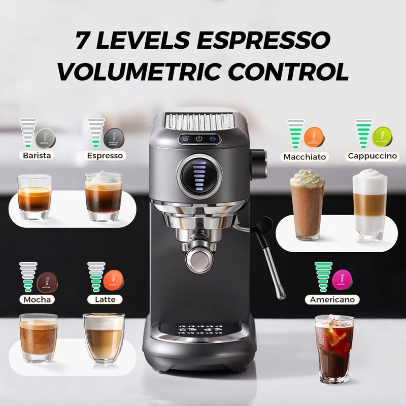 Cafelffe 4In1 Espresso Machine with Milk Frother, 19 Bar Coffee Machine Cappuccino Machine with Visual 7 Level Coffee Volume Adjustable For Nes* & DG* Capsule And Powder 1450W Grey - Image 3