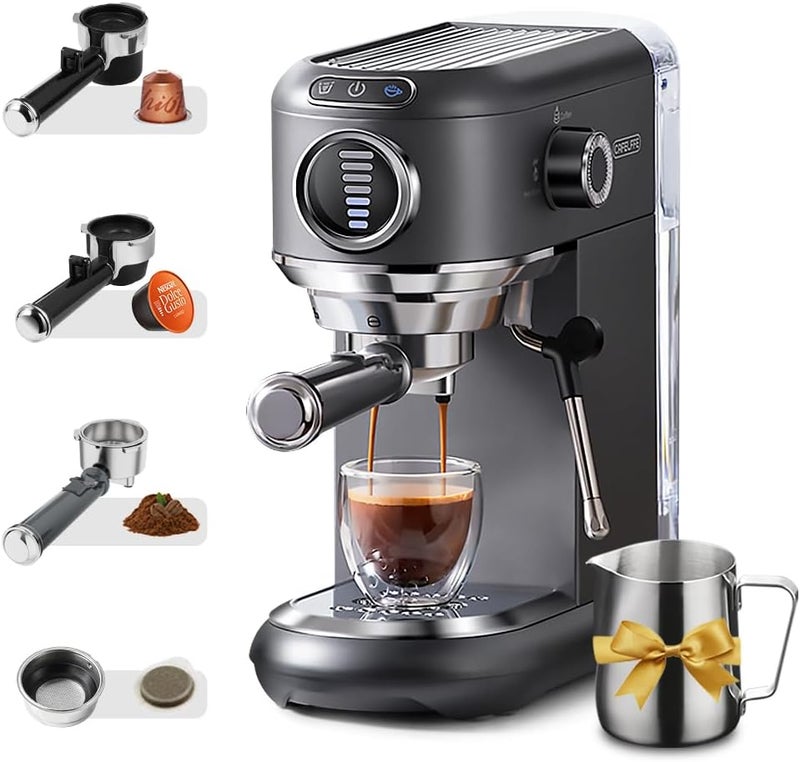 Cafelffe 4In1 Espresso Machine with Milk Frother, 19 Bar Coffee Machine Cappuccino Machine with Visual 7 Level Coffee Volume Adjustable For Nes* & DG* Capsule And Powder 1450W Grey - Image 1