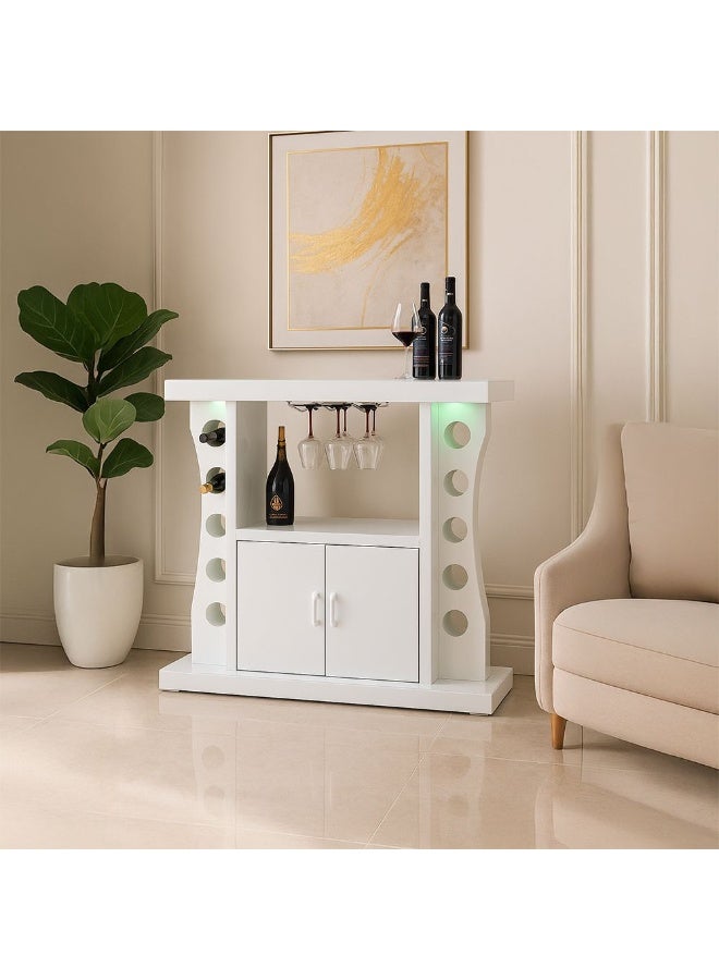 DANUBE HOME Hazky Glass Top 2 Door Bar Counter With RGB Downlight+Bluetooth Speaker+ Wine Glass Hangers and Bottle Holders | Sturdy Kitchen Organiser Rack L120xW40xH110cm - High Gloss White - Image 1