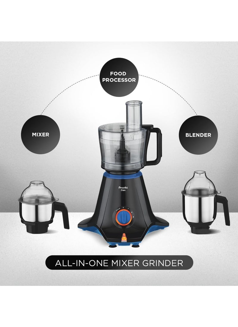 Generic - Preethi Zion Mixer Grinder for Kitchen - 4 Jars 750 Watt Mixie (3 Stainless steel Jars+1 Master Chef Plus Food processor Jar), Flexi lids, Vega W5 motor, Black (MG-227) - Image 1