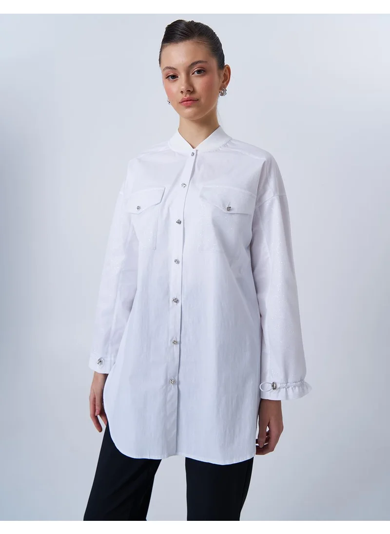 Kayra Glitter Detailed Poplin Tunic Optical White