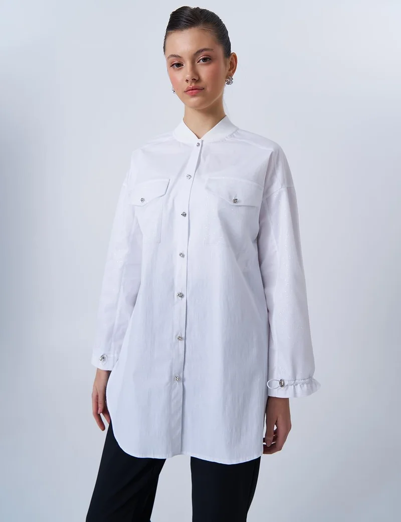 Kayra Glitter Detailed Poplin Tunic Optical White