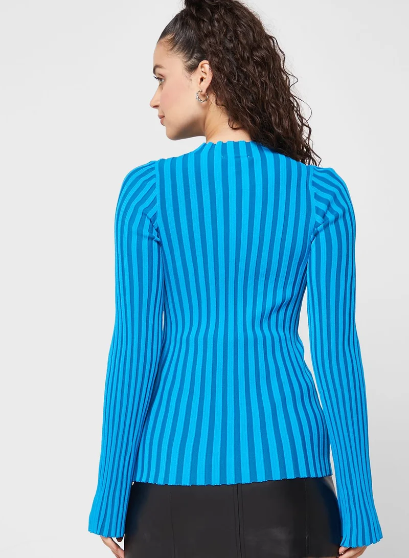 TOPSHOP Striped Flute Sleeve Knitted Top