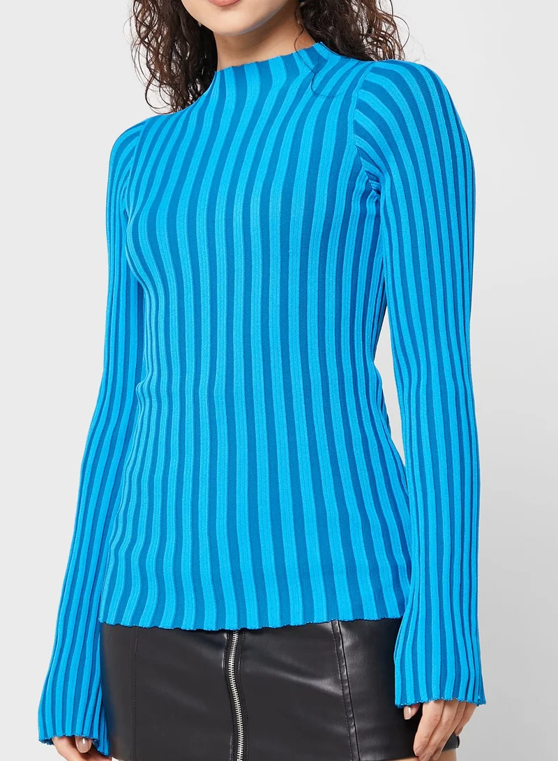 TOPSHOP Striped Flute Sleeve Knitted Top